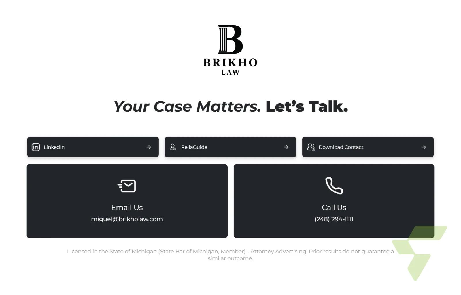 Attorney Link-in-Bio Page: Professional Contact Hub for Brikho Law Built in GHL — Brikho Law