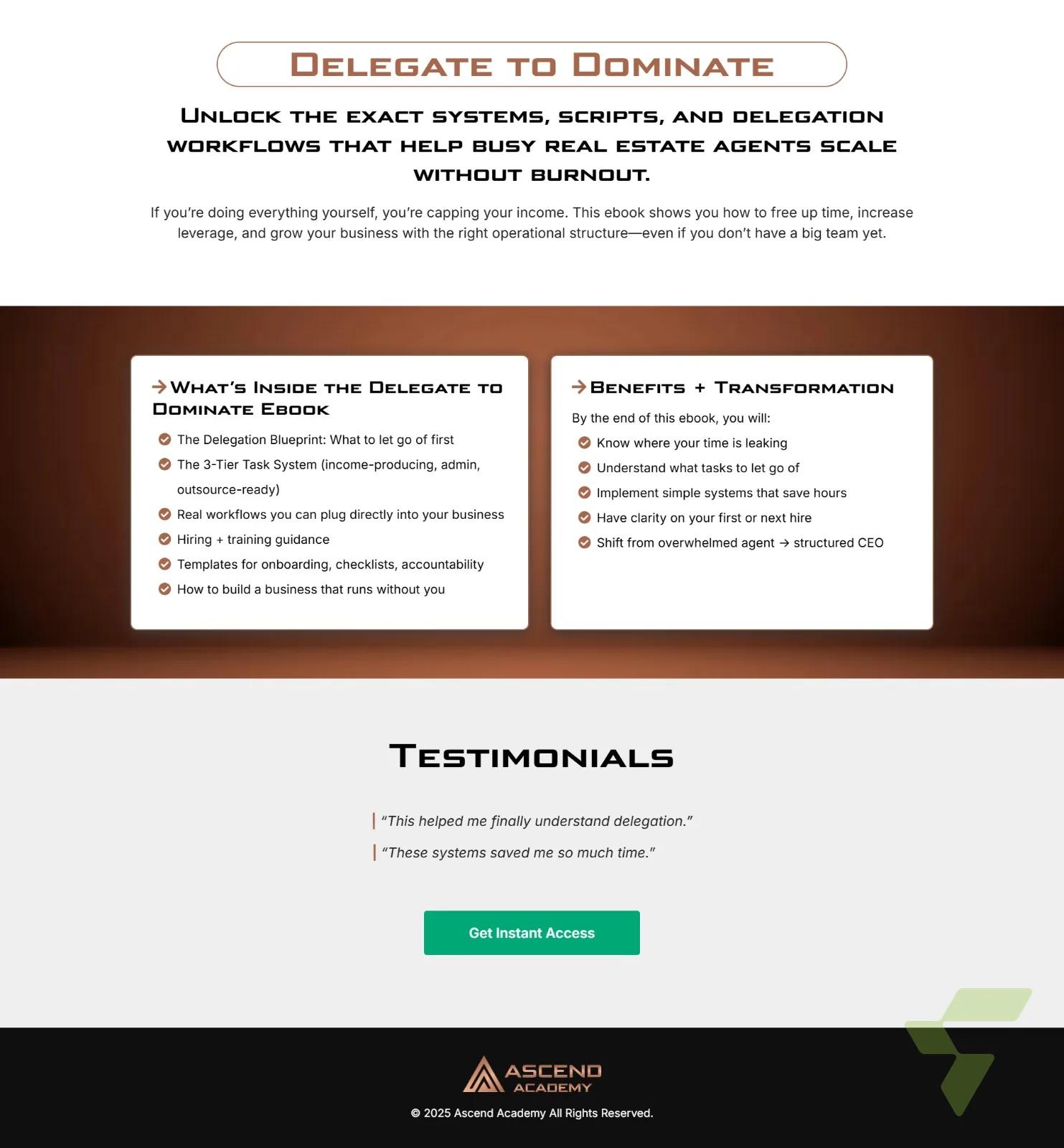 Lead Magnet Funnel: Ebook Opt-In Page for Real Estate Delegation Program — Ascend Academy — Funnel Section Redesign