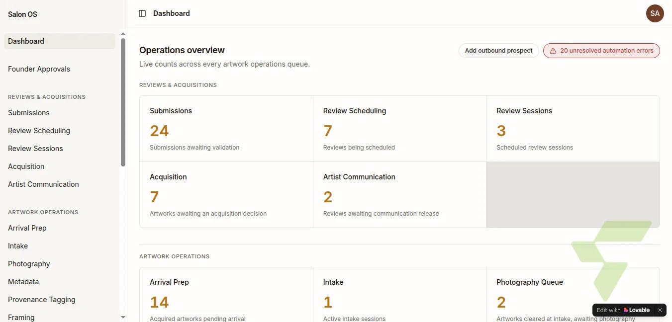 Art Salon Operations Platform: Lovable-Built Admin Console & Artist Portal for the Full Artwork Acquisition Pipeline — salono01s