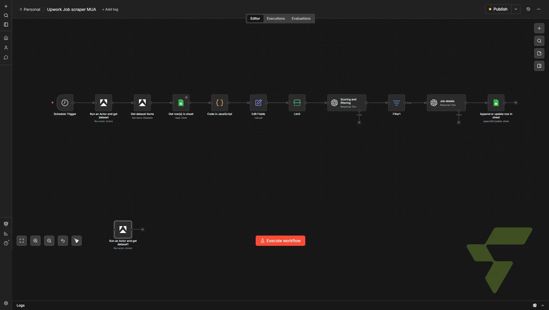 AI-Scored Upwork Lead Pipeline: Apify Actor → GPT Scoring & Enrichment → Google Sheets — screencapture n8n srv1642827 hstgr cloud workflow 8oKfiu5KOQvlmp5b 2026 10 02 18 01 30