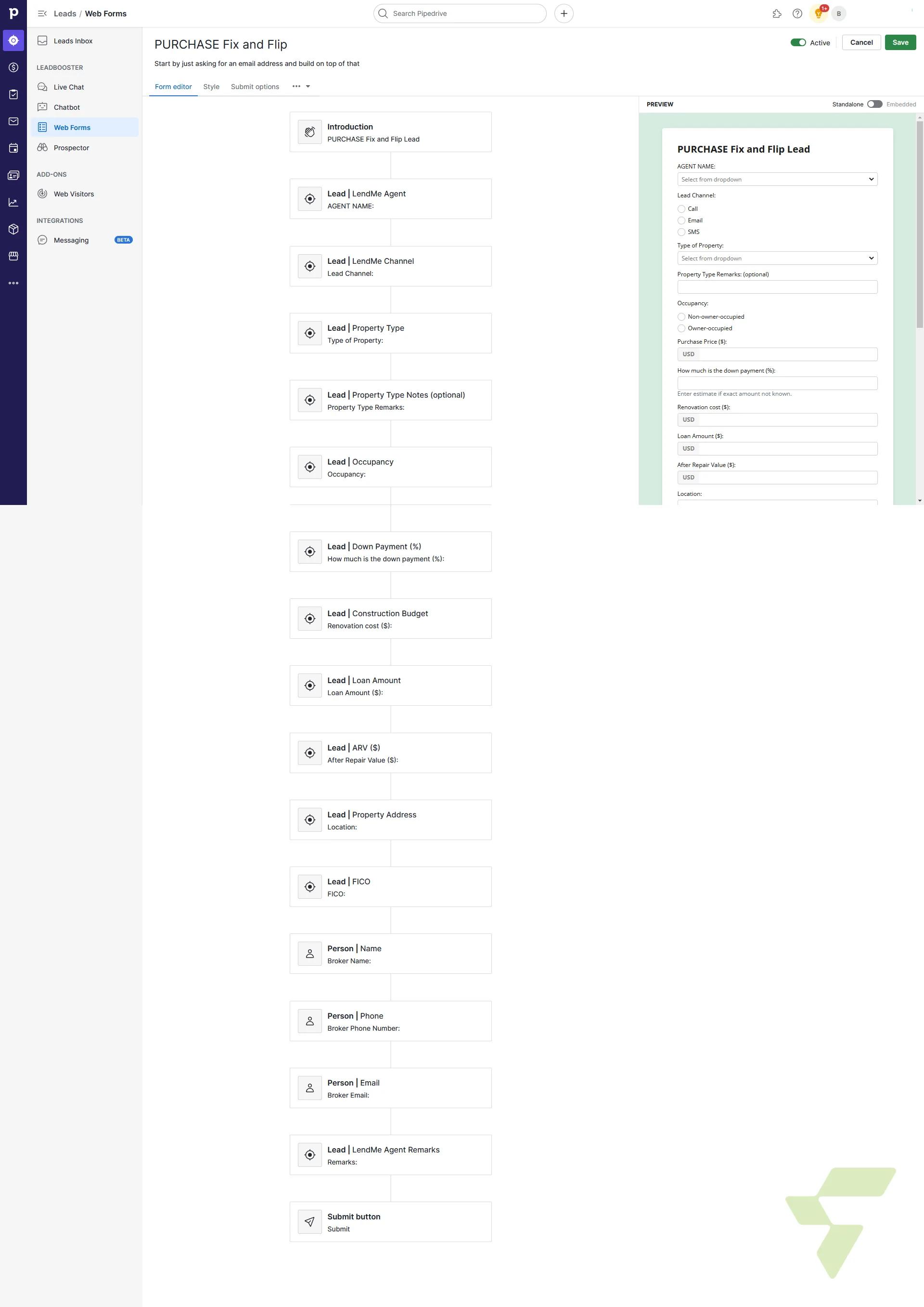 Fix & Flip Lead Qualification: Pipedrive Web Form with 15-Field Deal Profiling — Pipedrive Webforms