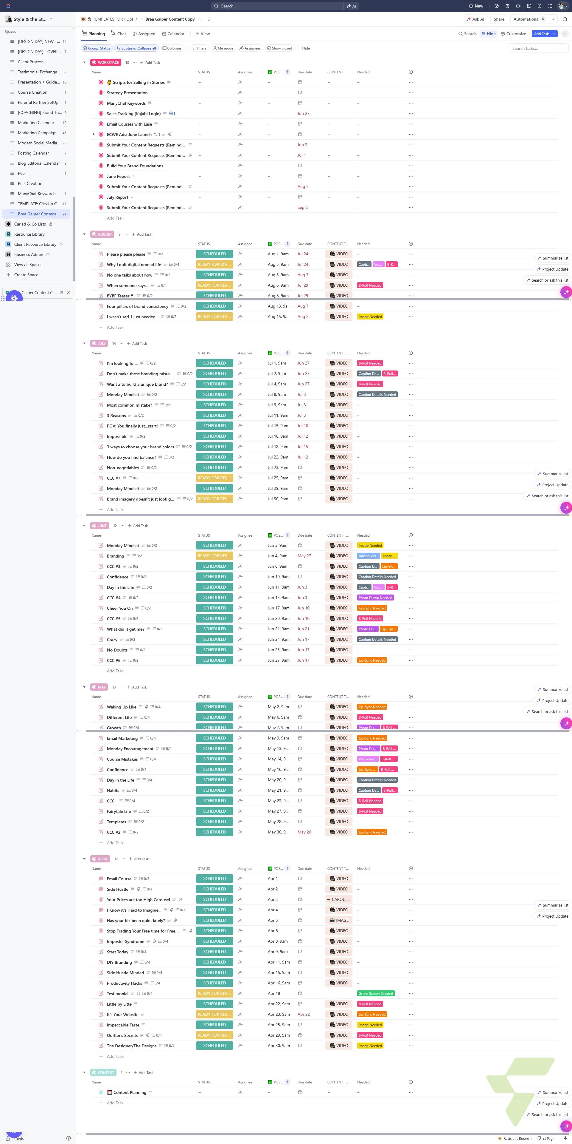 Social Media Content Pipeline: Full Editorial Calendar & Status Tracking in ClickUp — Client Task List