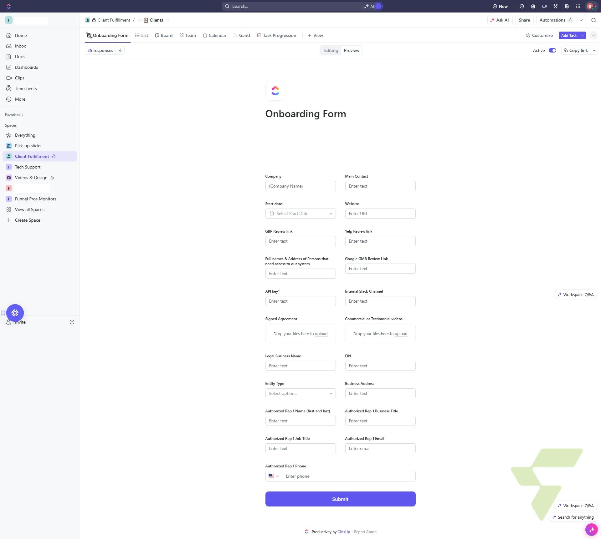 Client Onboarding System: Structured Intake Form & Fulfillment Workflow in ClickUp — Client Onbaording Form