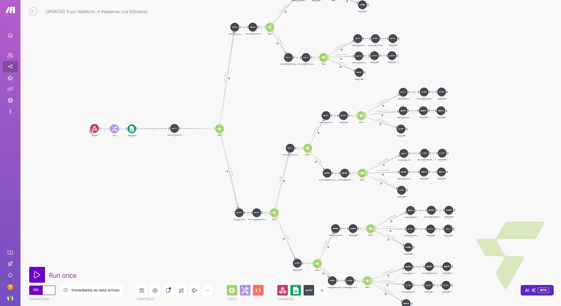 Webform to CRM Pipeline: Multi-Branch Contact & Deal Creation in Pipedrive via Google Sheets — Populate pipedrive from Form